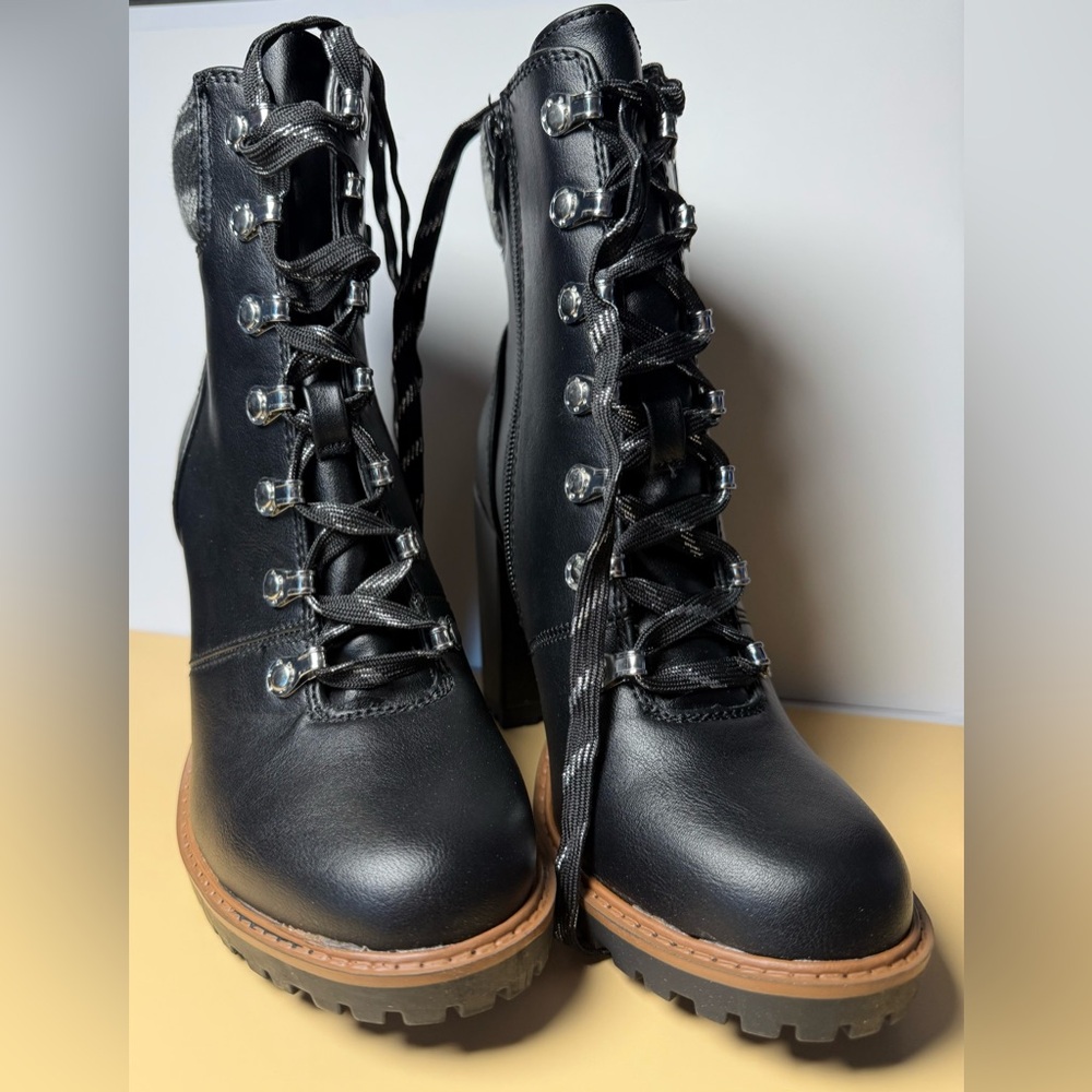 Sun + Stone Black Faux Leather Lace-Up Ankle Combat Boots with Plaid Cuff - Picture 2 of 7